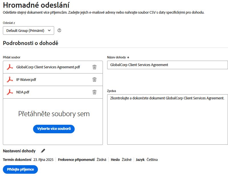 Rozhraní funkce Hromadné odeslání zobrazující nakonfigurované podrobnosti dohody