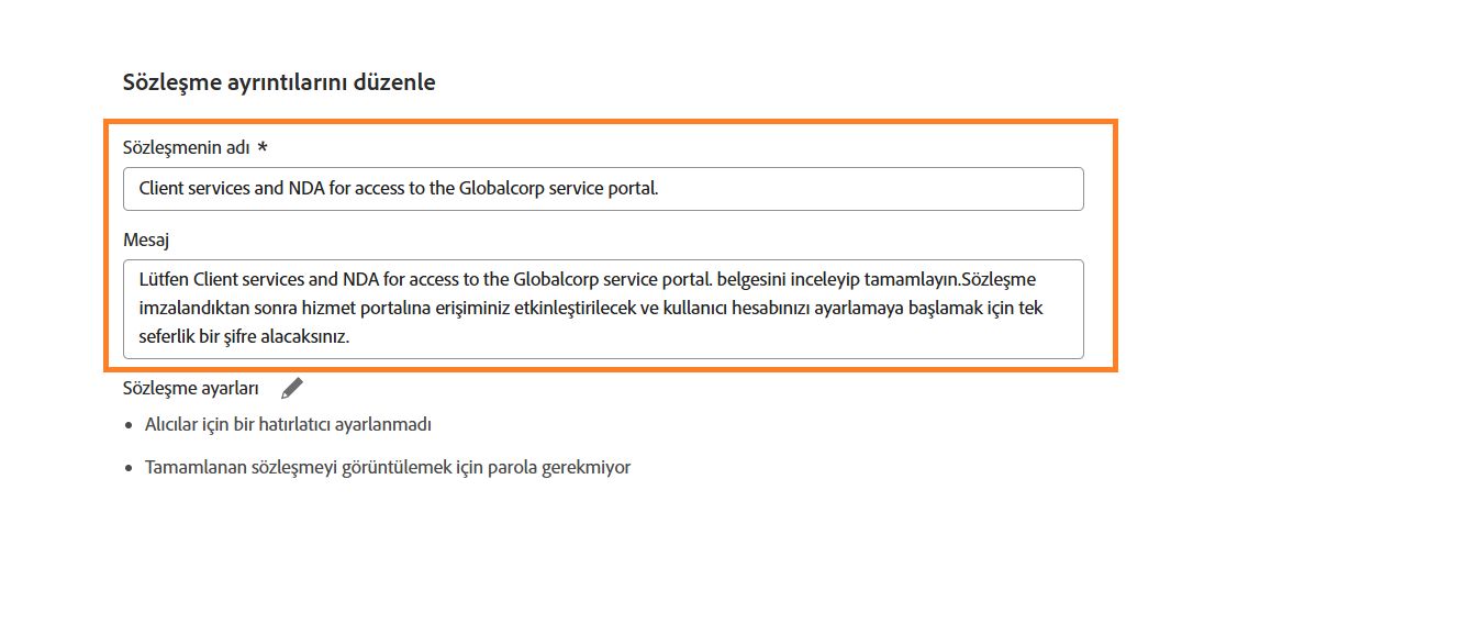 &quot;Sözleşme Ayrıntıları&quot; bölümü vurgulanmış Toplu Halde Gönder şablonu