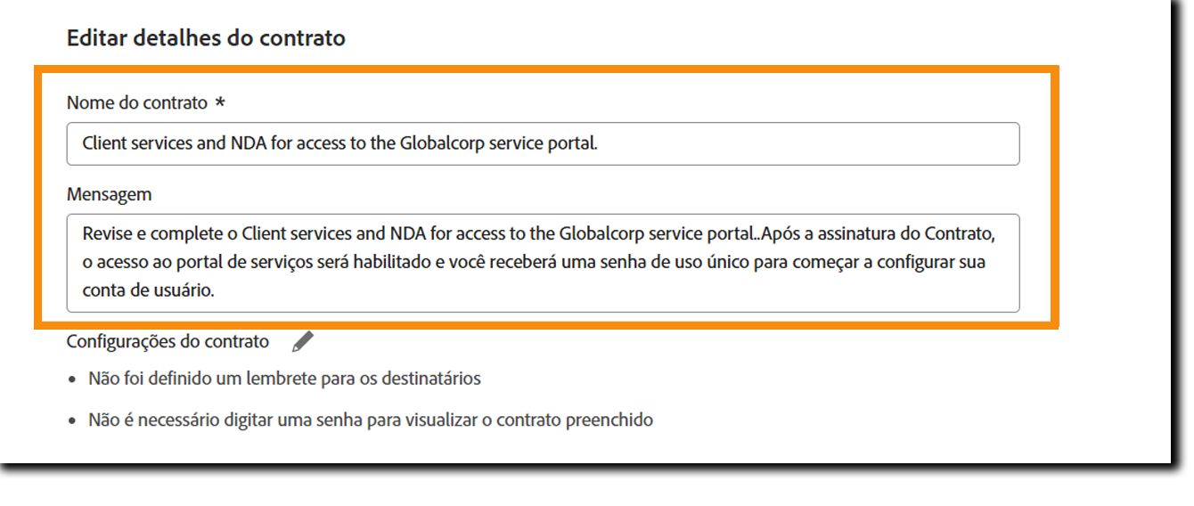 O modelo de “Envio em massa” com a seção “Detalhes do contrato” realçada