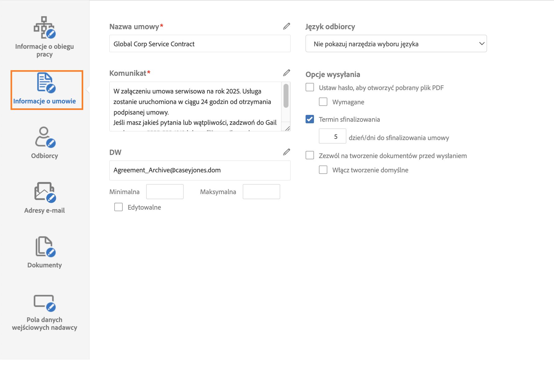 Narzędzie Projektowanie niestandardowego obiegu pracy pokazujące kartę Informacje o umowie