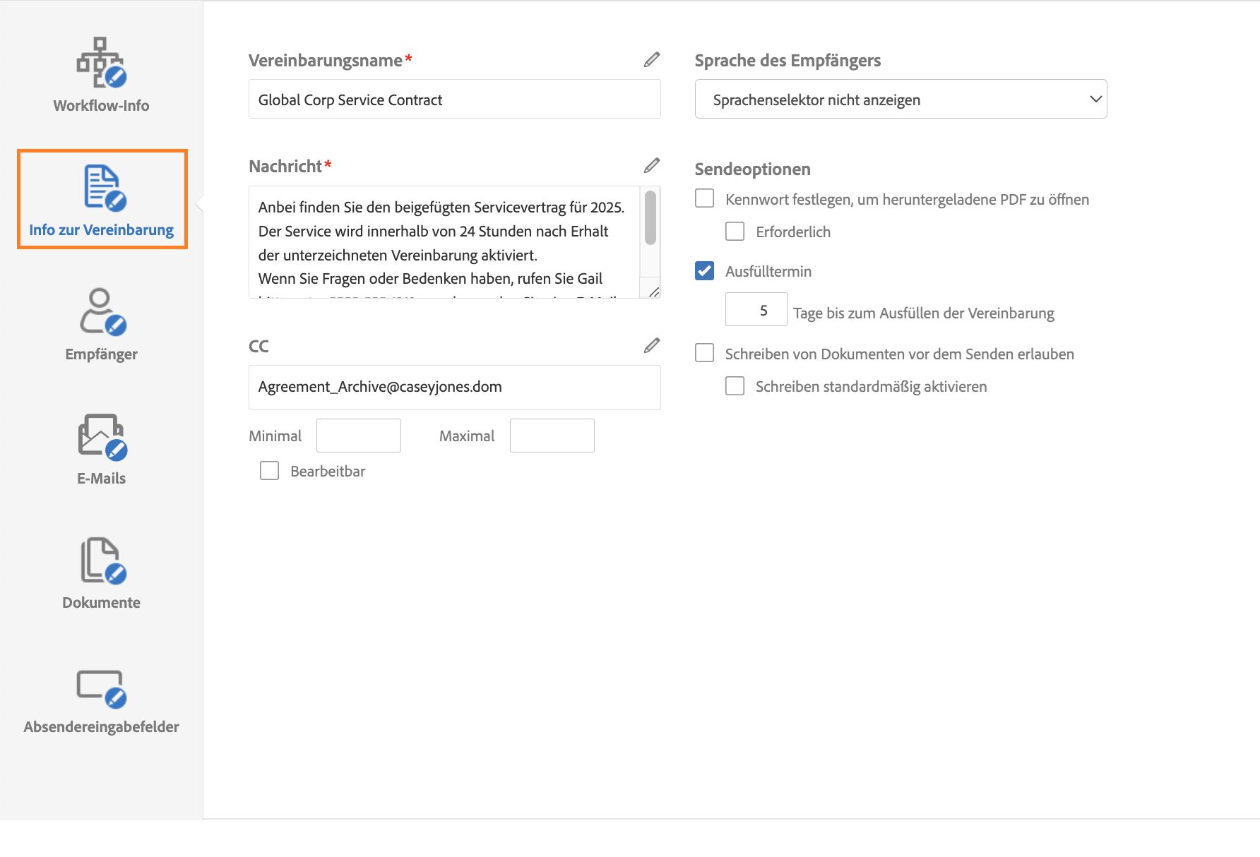 Der Custom Workflow Designer mit der Registerkarte „Vereinbarungsinformationen“