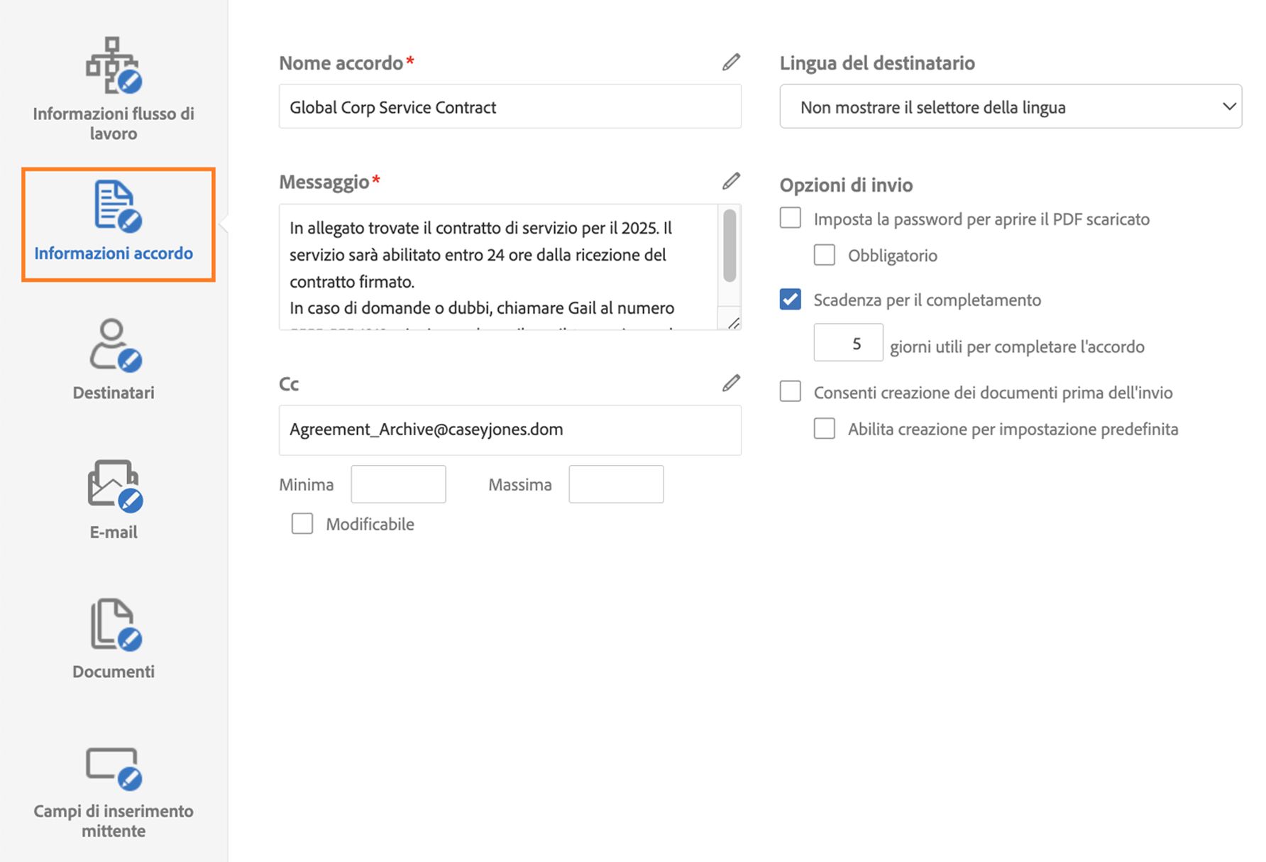 Designer flussi di lavoro personalizzati che mostra la scheda Informazioni accordo
