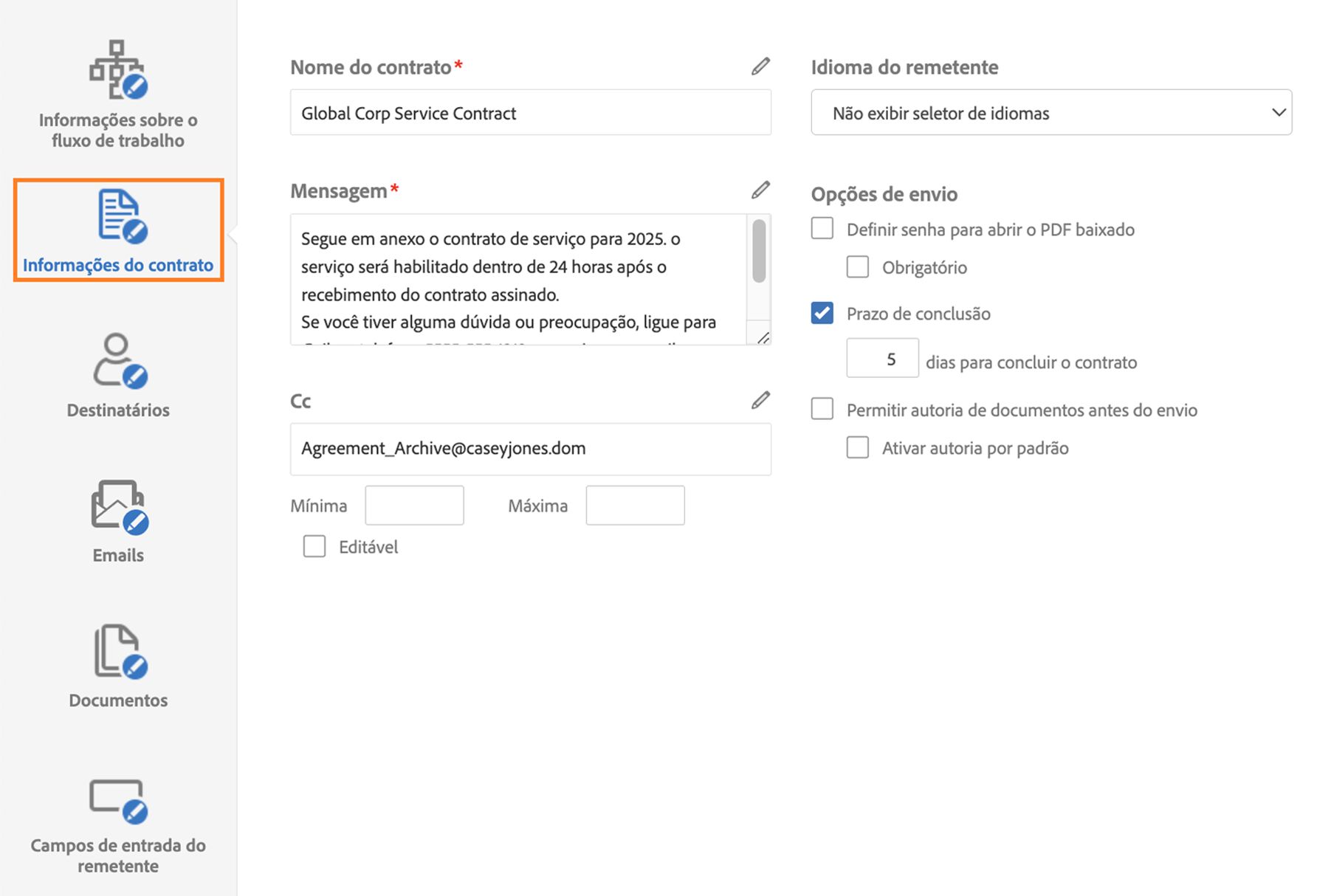 O Designer de fluxo de trabalho personalizado mostra a guia Informações do contrato
