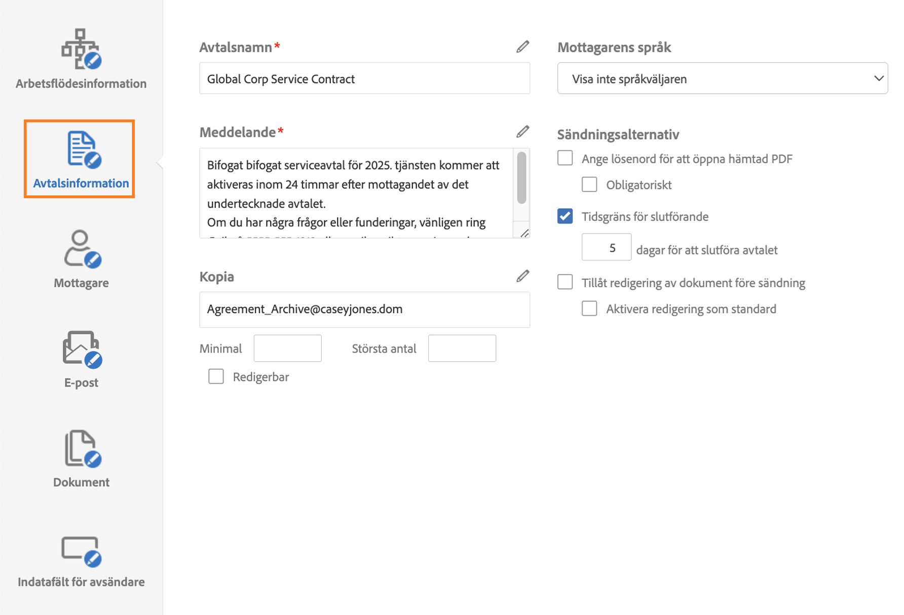 Den anpassade arbetsflödesdesignern som visar fliken Avtalsinformation