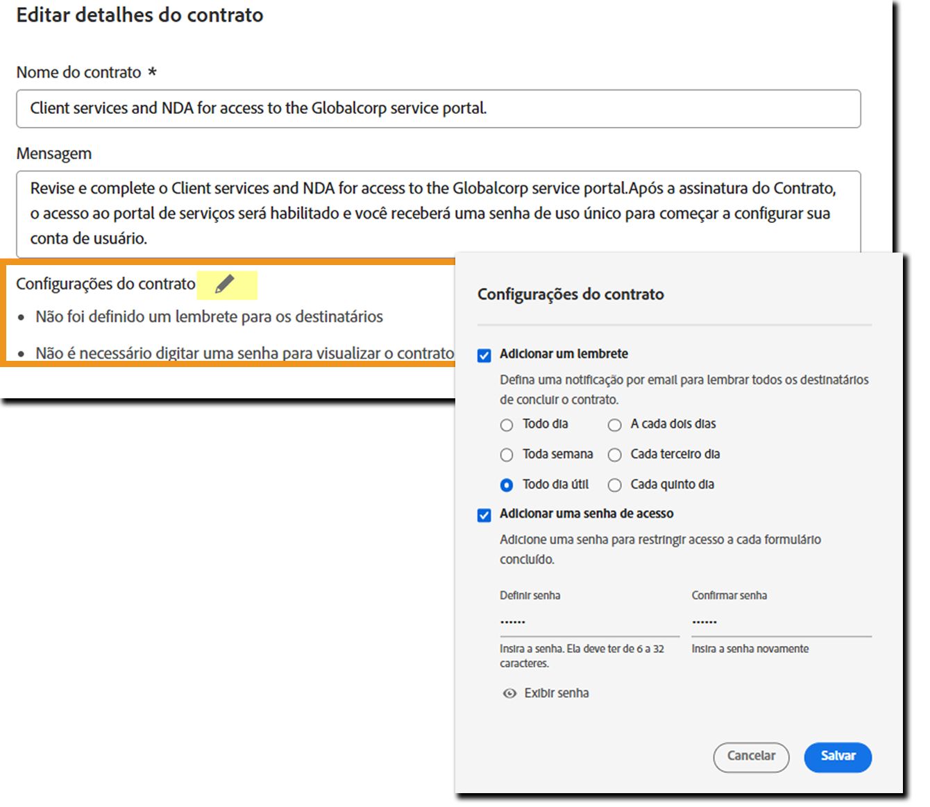 O modelo de “Envio em massa” com a seção “Configurações do acordo” realçada