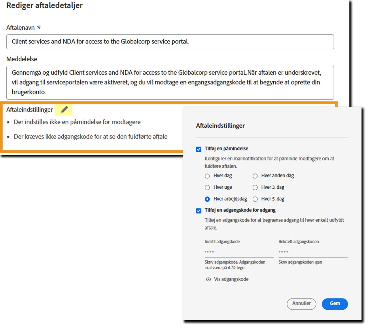Skabelonen Send i massevis med sektionen &quot;Aftaleindstillinger&quot; fremhævet