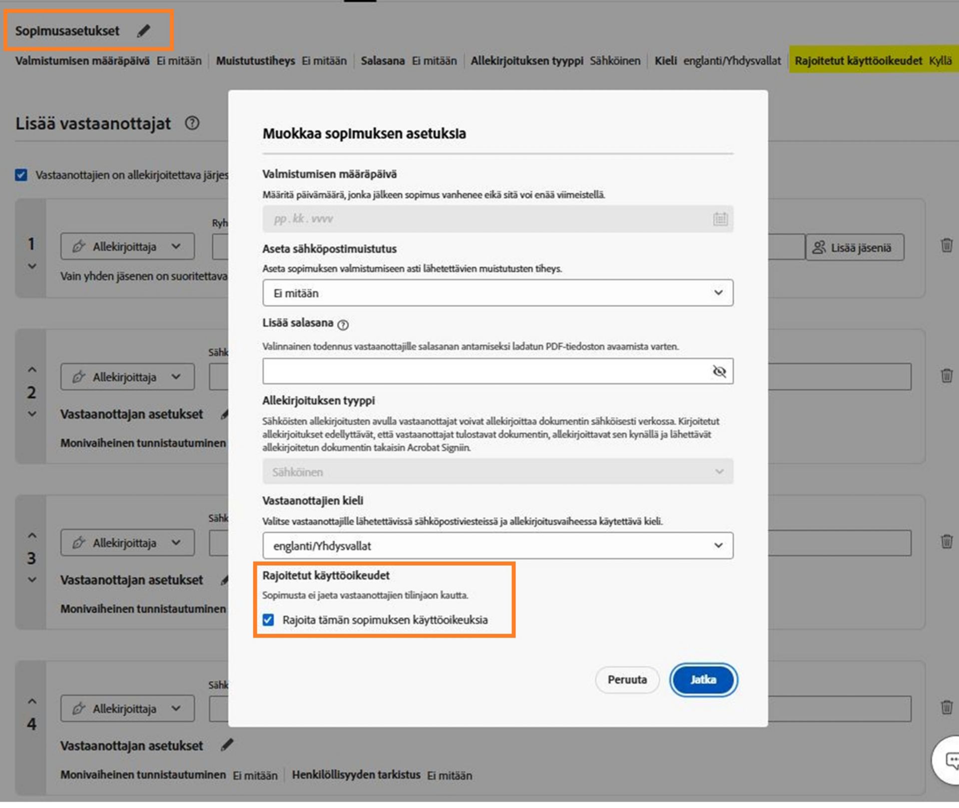 Lähettäjien sopimusasetusten näkymä, jossa on korostettuna mahdollisuus ottaa Rajoitettu sopimus -säännöt käyttöön tai poistaa ne käytöstä.