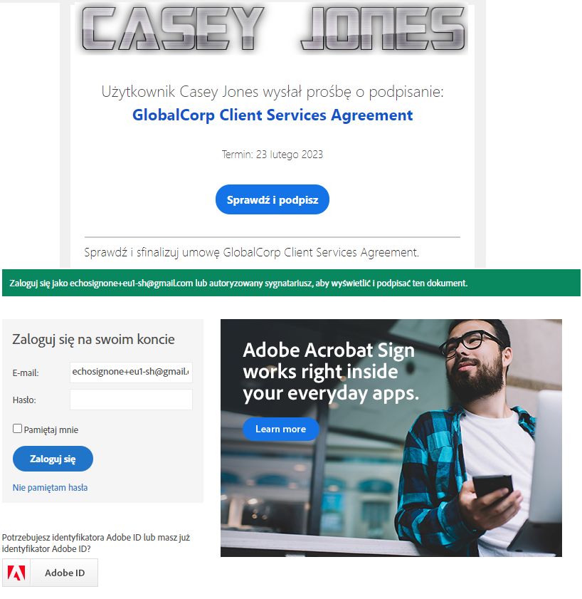  Wiadomość e-mail o sprawdzeniu i podpisaniu umowy oraz wyzwanie