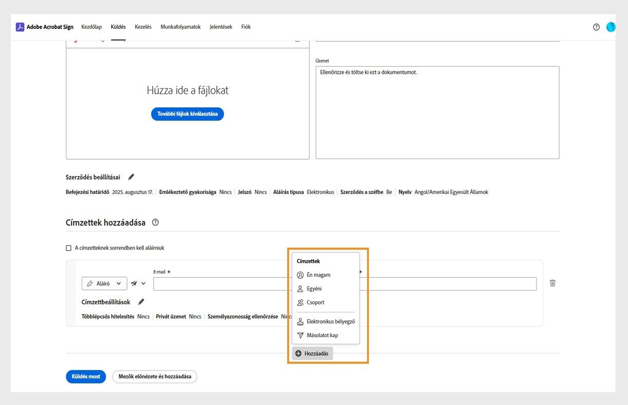 A Szerződés részletei ablakban láthatók a szerződés nevének, üzenetének, beállításainak és címzettlistájának módosítási lehetőségei. A címzettek beállításai ki vannak emelve.