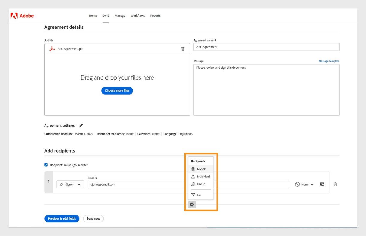 Nagpapakita ang Agreement details window ng mga option para baguhin ang pangalan ng kasunduan, message, mga setting, at listahan ng mga recipient. Naka-highlight ang Recipients options.