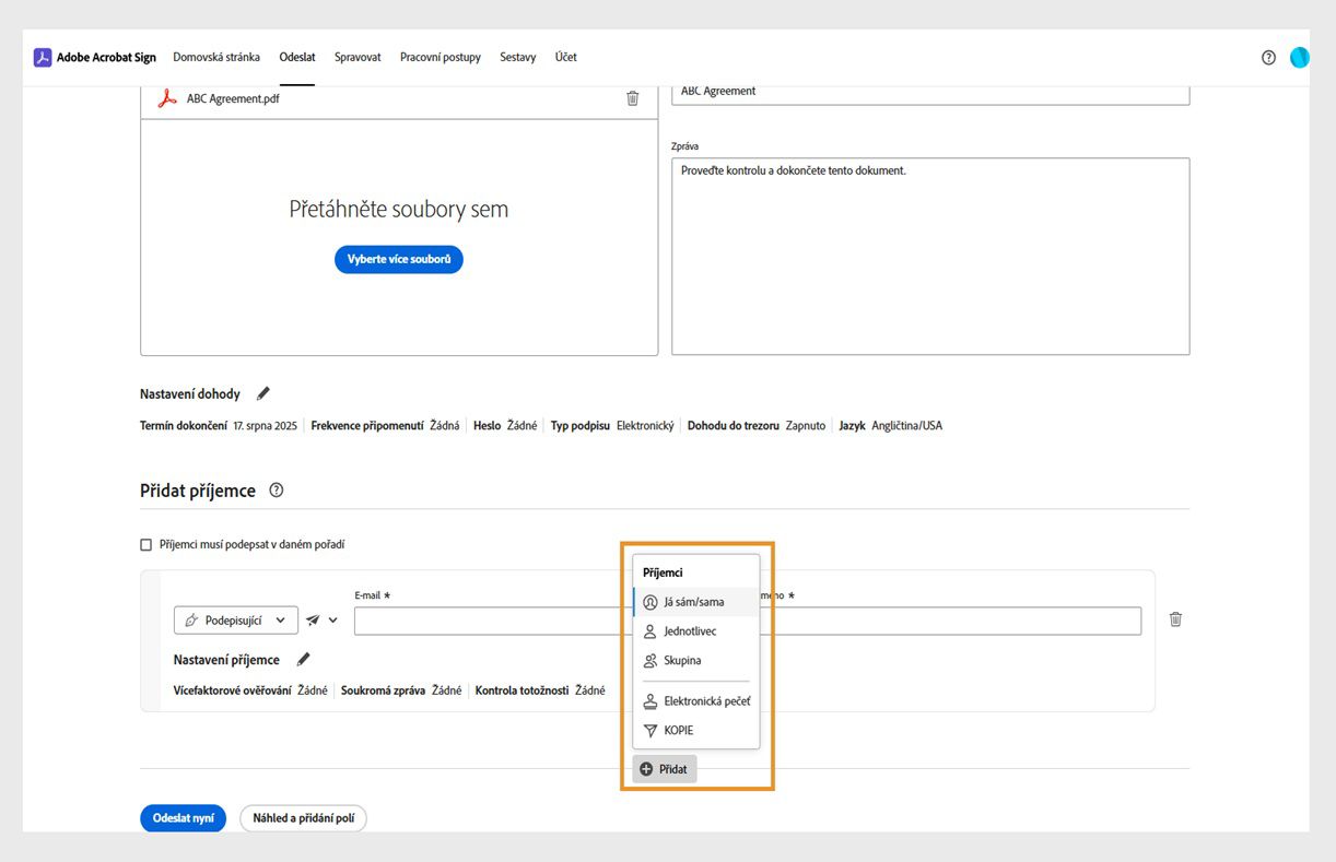 Okno Podrobnosti smlouvy zobrazuje možnosti pro úpravu názvu smlouvy, zprávy, nastavení a seznamu příjemců. Zvýrazní se možnost Příjemci.