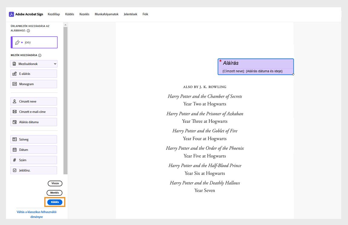 A szerződés látható balra az űrlapmezők ablaktáblával. A Küldés gomb ki van emelve.