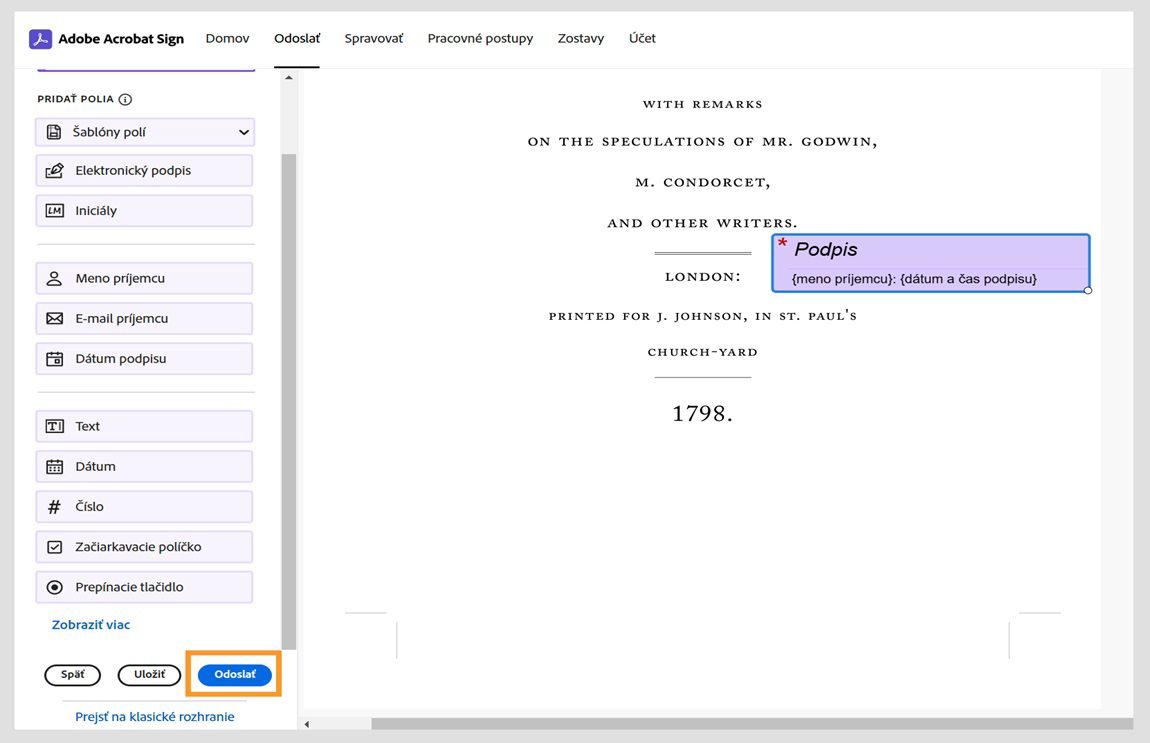 Zmluva je otvorená s tablou polí formulára vľavo. Zvýraznené je tlačidlo Odoslať.