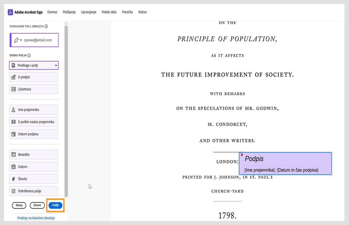 Pogodba je odprta s podoknom s polji obrazca na levi strani. Označen je gumb za pošiljanje.