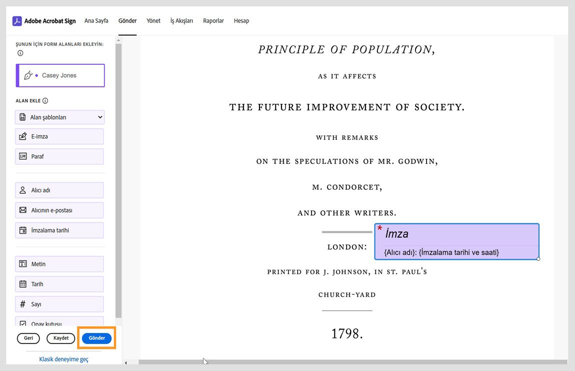 Sözleşme, solda form alanları bölmesiyle birlikte açık. Gönder düğmesi vurgulanır.