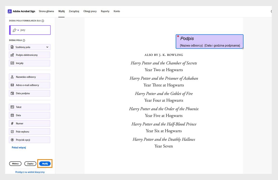 Umowa jest otwarta z panelem pól formularza po lewej stronie. Przycisk wyślij zostanie podświetlony.