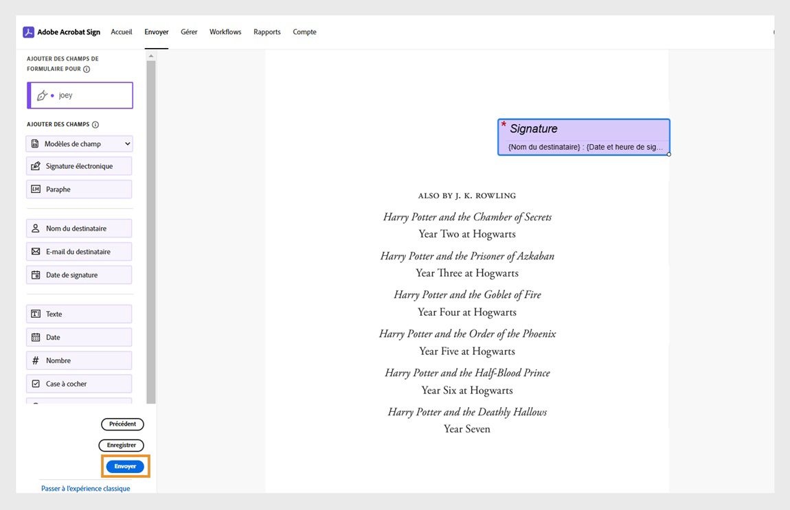 L’accord est ouvert avec le panneau des champs dans la partie gauche. Le bouton Envoyer est mis en évidence.