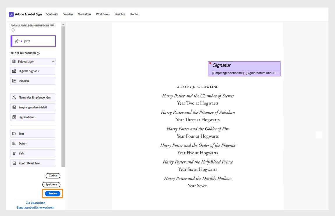 Die Vereinbarung ist geöffnet, der Formularfeldbereich befindet sich auf der linken Seite. Die Schaltfläche „Senden“ ist hervorgehoben.