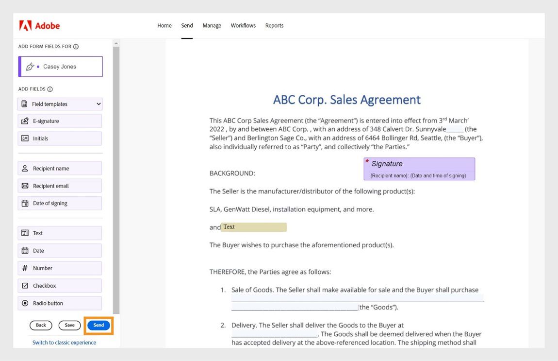 Nakabukas ang Agreement na may form fields pane sa kaliwa. Naka-highlight ang send button.