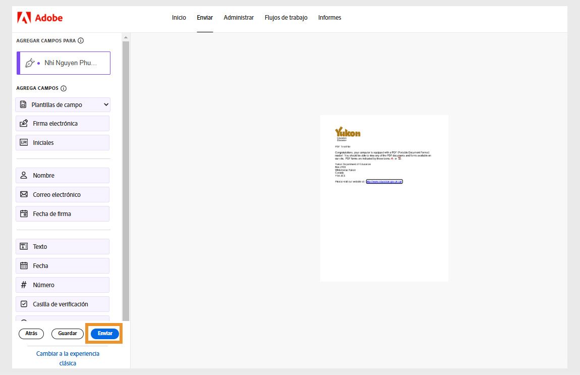 El acuerdo está abierto con el panel de campos de formulario a la izquierda. El botón Enviar aparece resaltado.