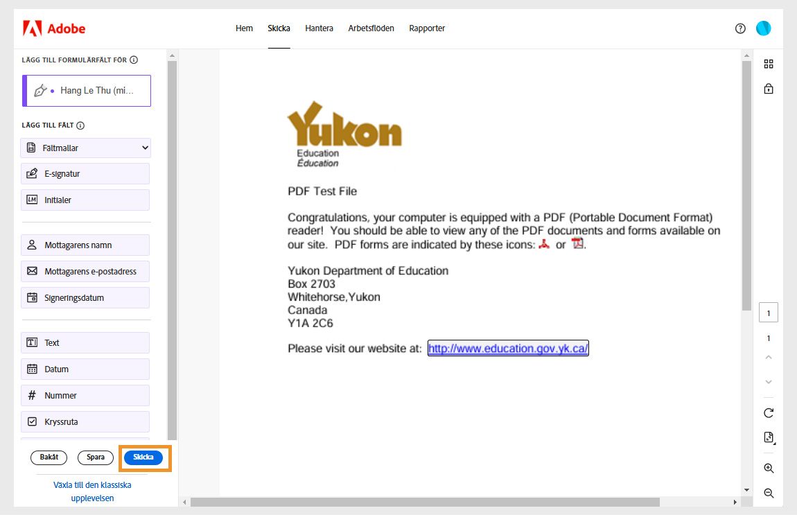 Avtal är öppet med formulärfältsrutan till vänster. Knappen Skicka är markerad.