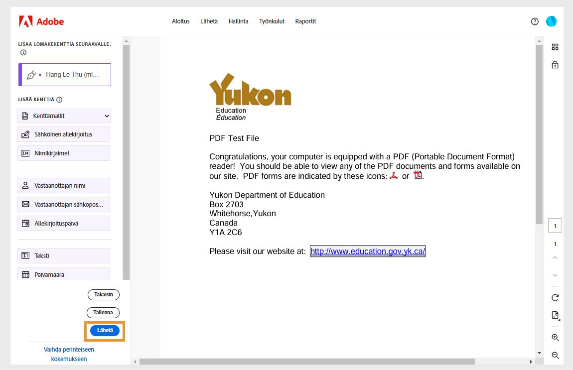 Sopimus on auki ja lomakekenttäruutu näkyy vasemmalla. Lähetä-painike on korostettuna.