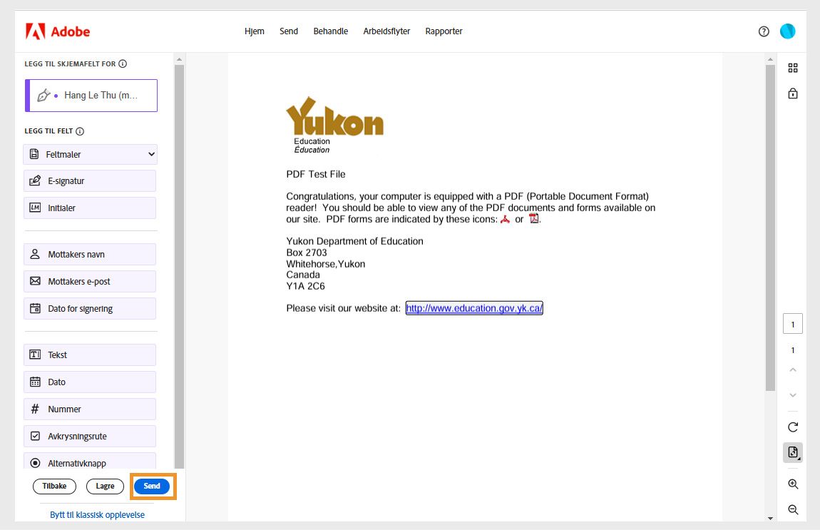 Avtalen er åpen med skjemafeltruten til venstre. Send-knappen er uthevet.