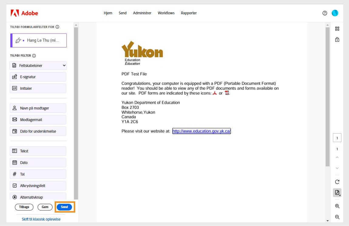 Aftalen er åben med formularfeltruden til venstre. Knappen Send er fremhævet.