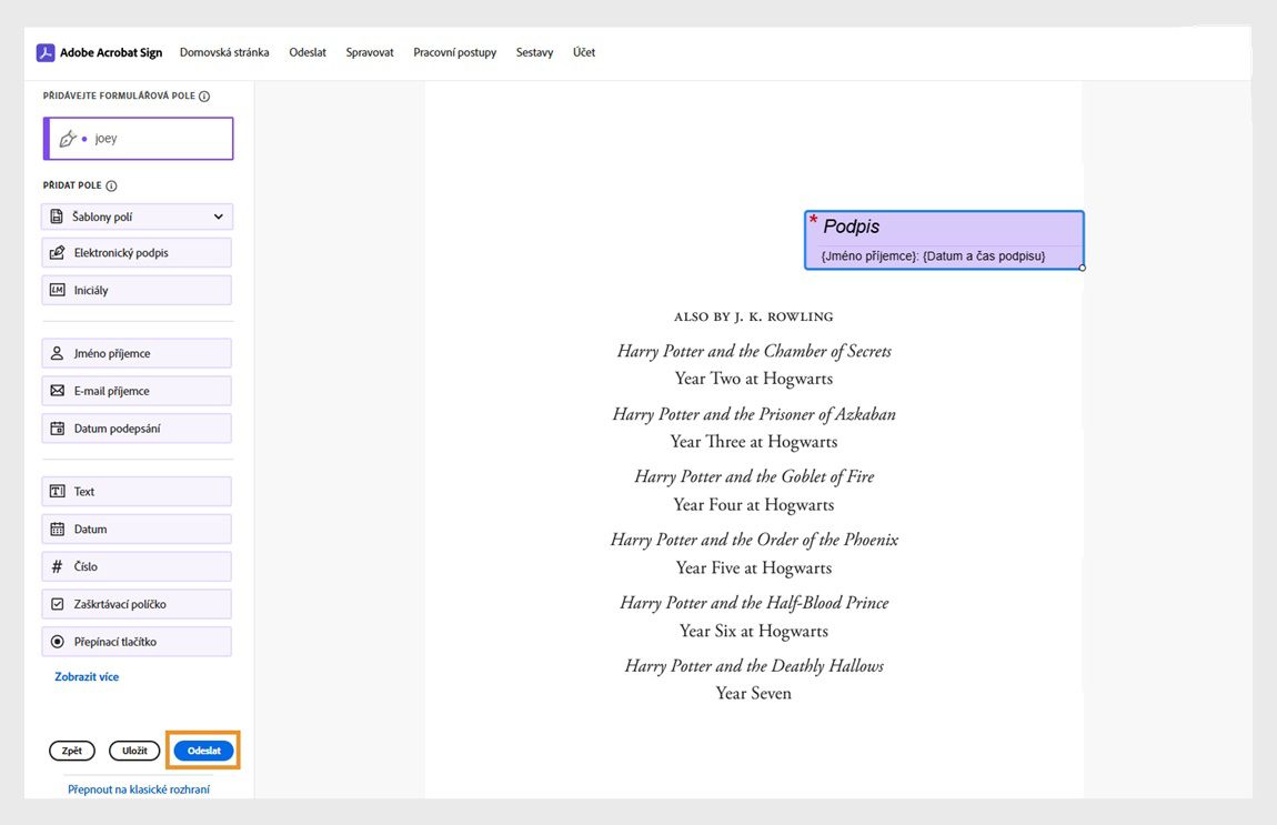 Dohoda je otevřená s podoknem polí formuláře vlevo. Tlačítko Odeslat je zvýrazněné.