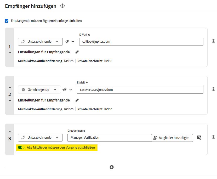 Abschnitt „Empfangende hinzufügen“ in „Signaturen anfordern“ mit markiertem Umschalter „Alle Mitglieder müssen abschließen“