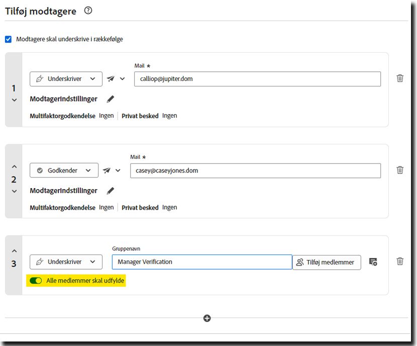Sektionen &quot;Tilføj modtager&quot; under Anmod om signaturer, der fremhæver en gruppemodtager med &quot;Alle medlemmer skal fuldføre til/fra&quot; fremhævet.