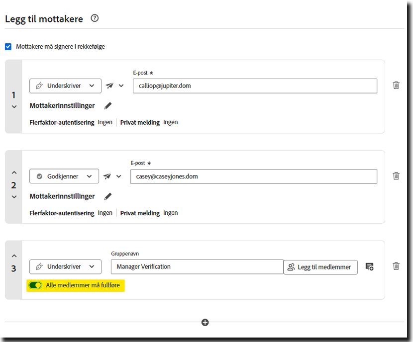 Delen med «Legg til mottaker» i Be om signaturer fremhever en gruppemottaker med veksleren for «Alle medlemmer må fullføre» fremhevet.