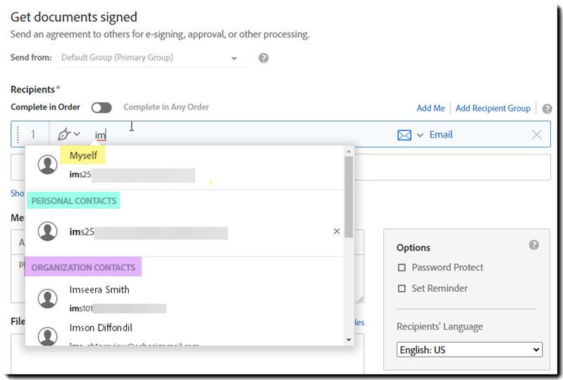 Pagina Invia che evidenzia il menu a discesa contenente gli indirizzi e-mail predittivi