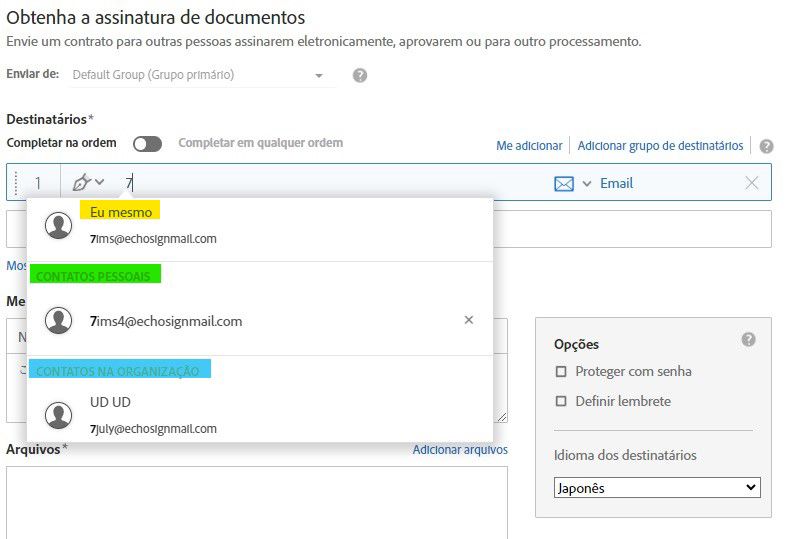 A página Enviar com um endereço de email parcial digitado, destacando os contatos organizacionais do catálogo de endereços
