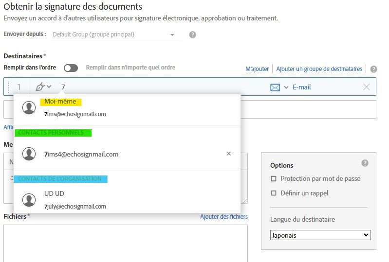 Page Envoyer avec une adresse e-mail partielle saisie, mettant en surbrillance les entrées de l’organisation du carnet d’adresses