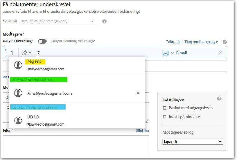 Send-siden med en delvis indtastet mailadresse, der fremhæver Organisationsposterne i adressebogen