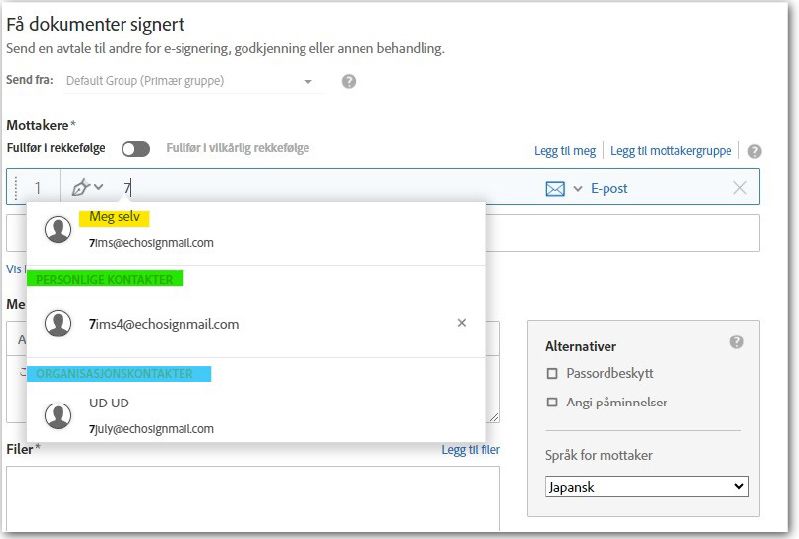 Sende-siden uthever rullegardinmenyen som inneholder de prediktive e-postadressene