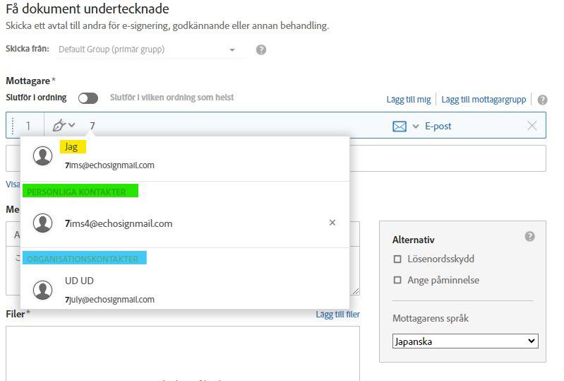 Sidan Skicka med en del av e-postadressen har skrivits in, där posterna i adressboken i organisationen markeras