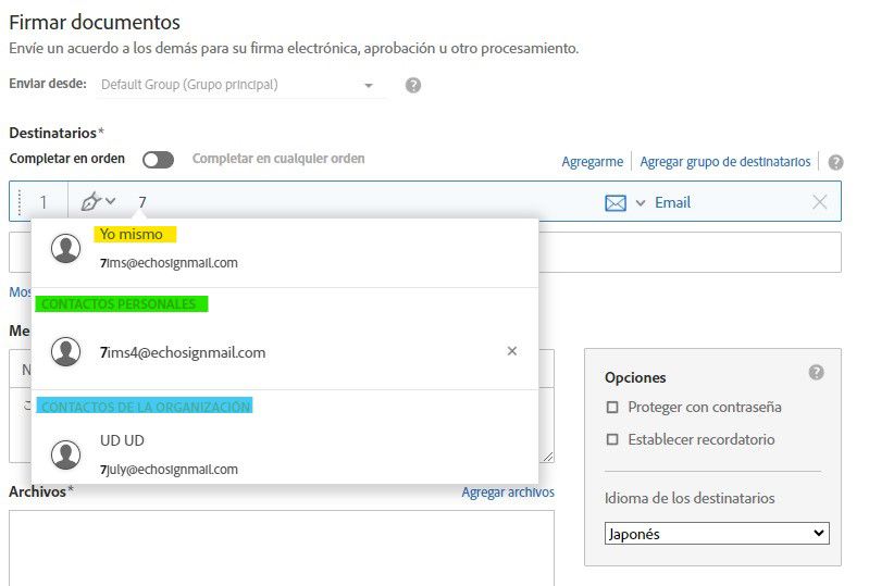 La página Enviar con una dirección de correo electrónico parcial escrita, resaltando las entradas de organización de la libreta de direcciones