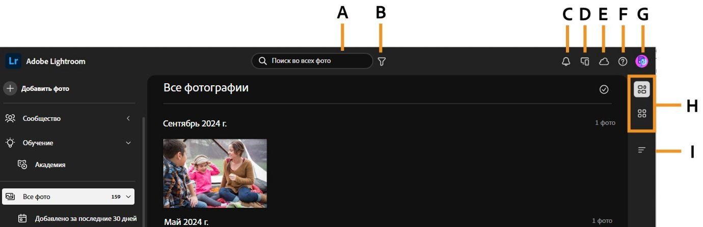 Представление «Все фото» отображается с одним изображением.