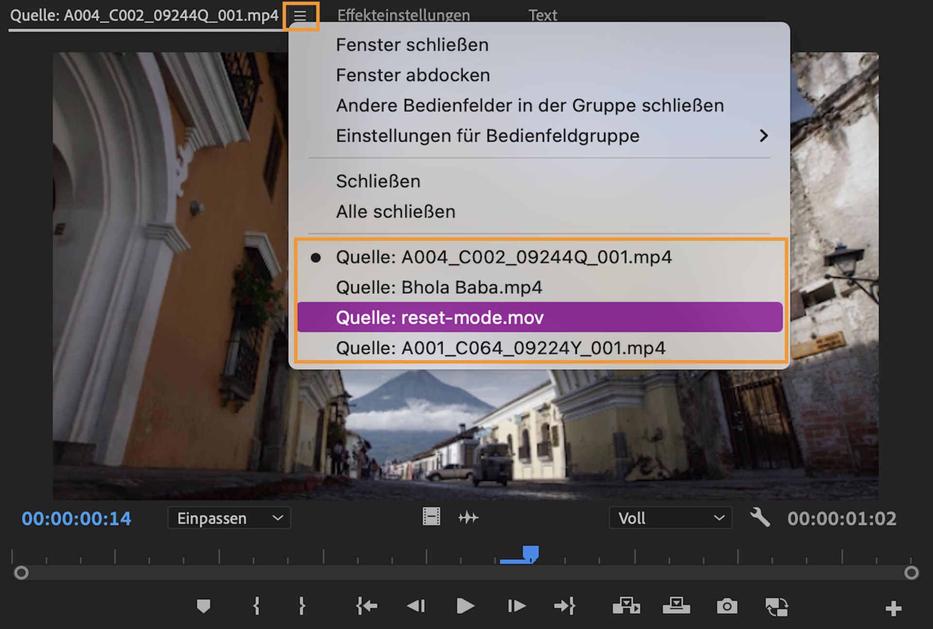 Öffnen und Anzeigen von zuletzt geladenen Clips im Quellmonitor.