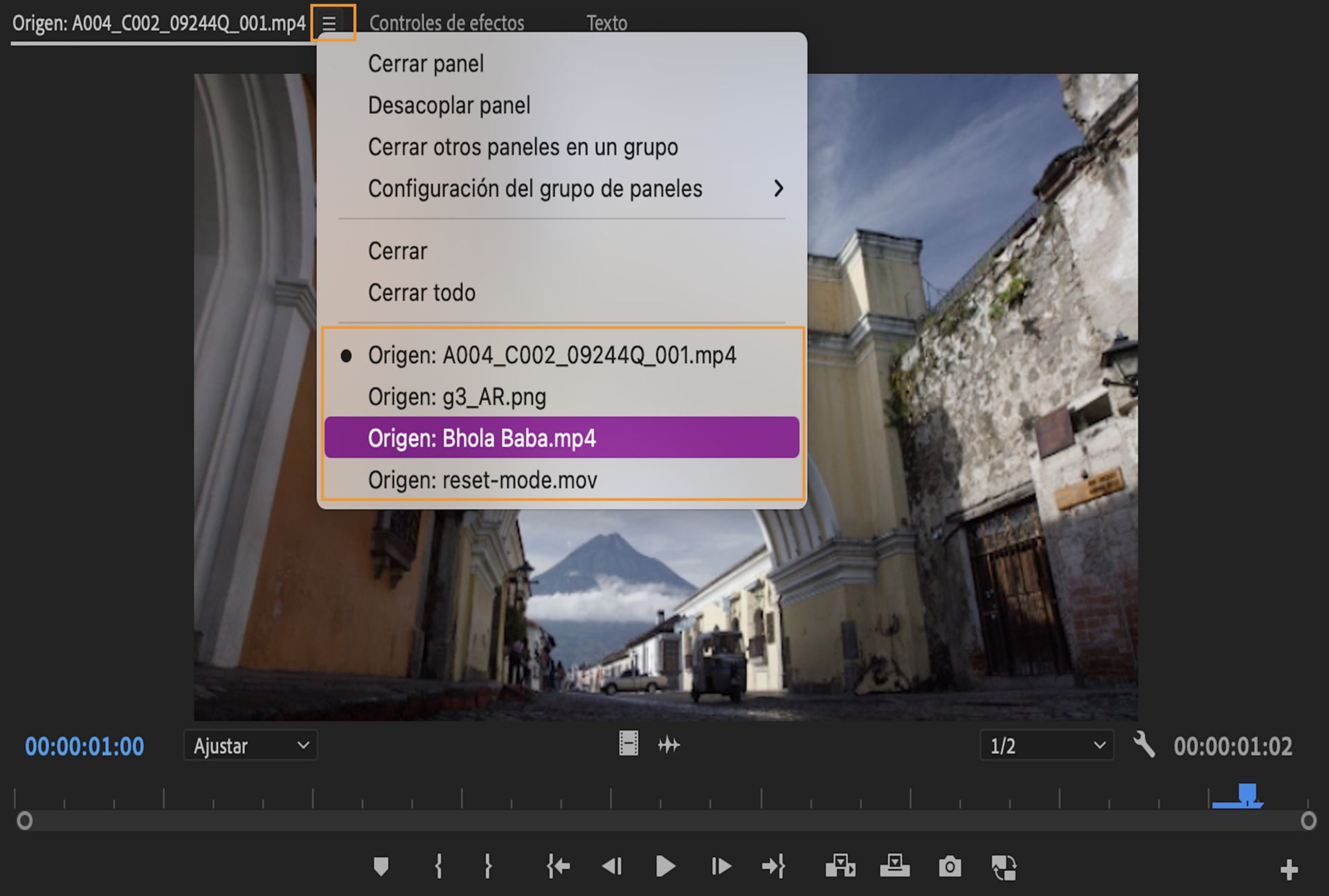 Apertura y visualización de clips recientes en el Monitor de origen.