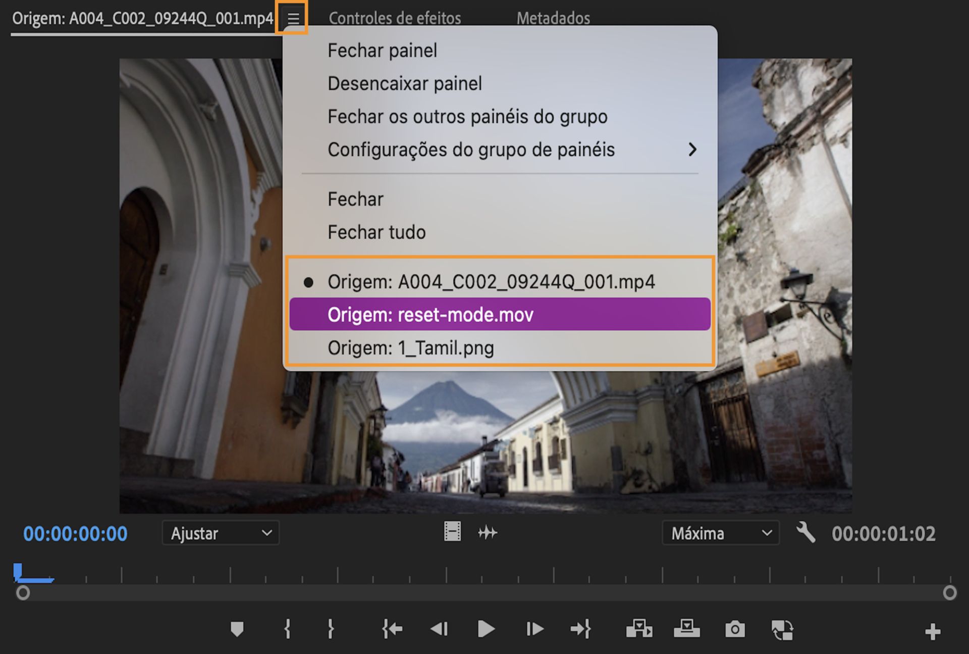 Abrir e exibir clipes recentes do Monitor de origem.