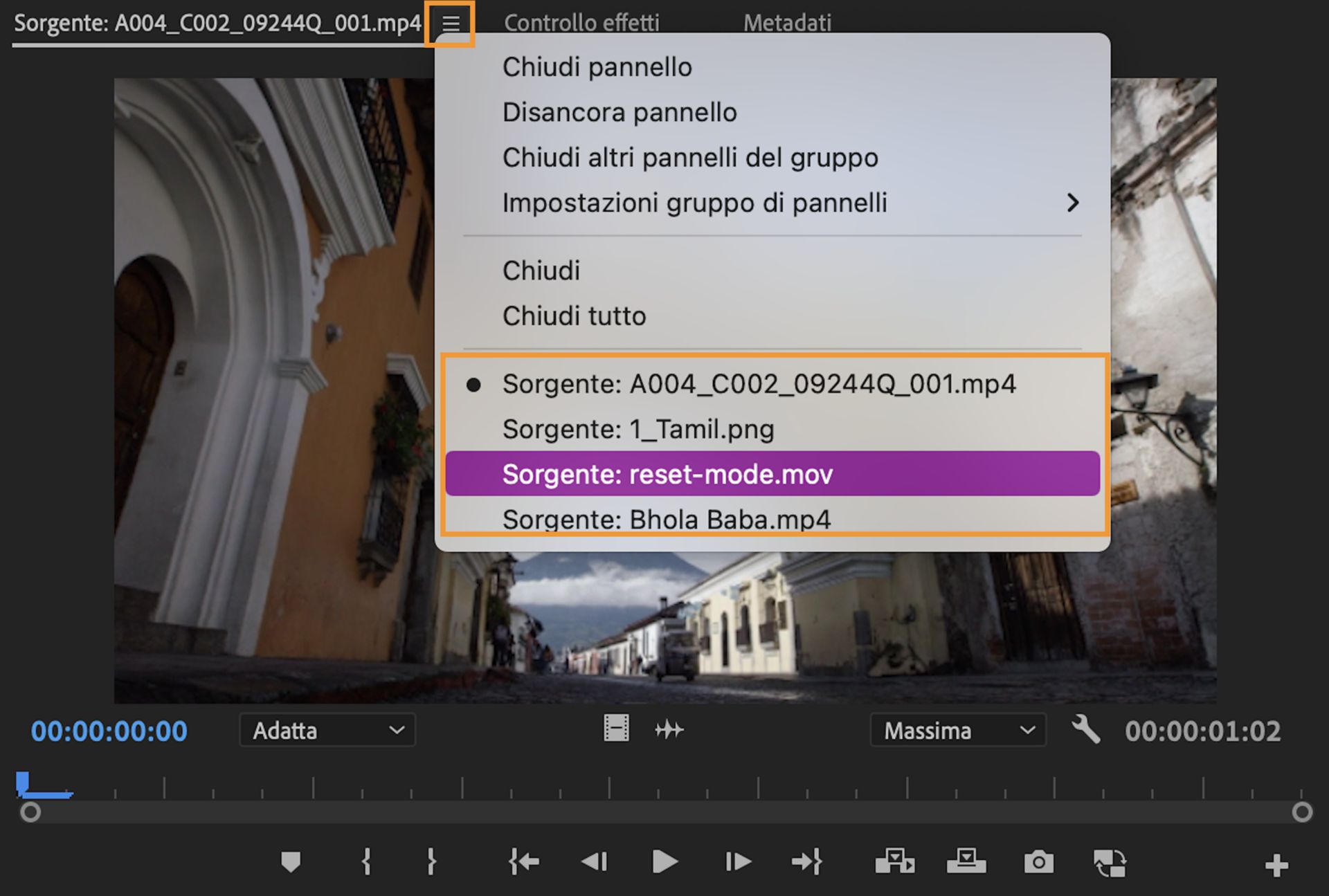 Aprire e visualizzare le clip recenti dal monitor Sorgente.