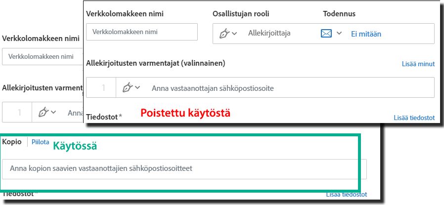 Salli verkkolomakkeessa kopion saajat