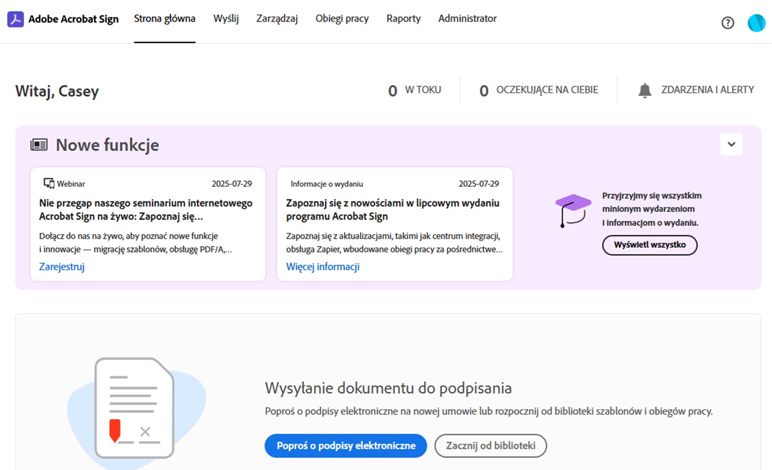 &quot;Strona główna z wyróżnionym banerem „Co nowego&quot;.
