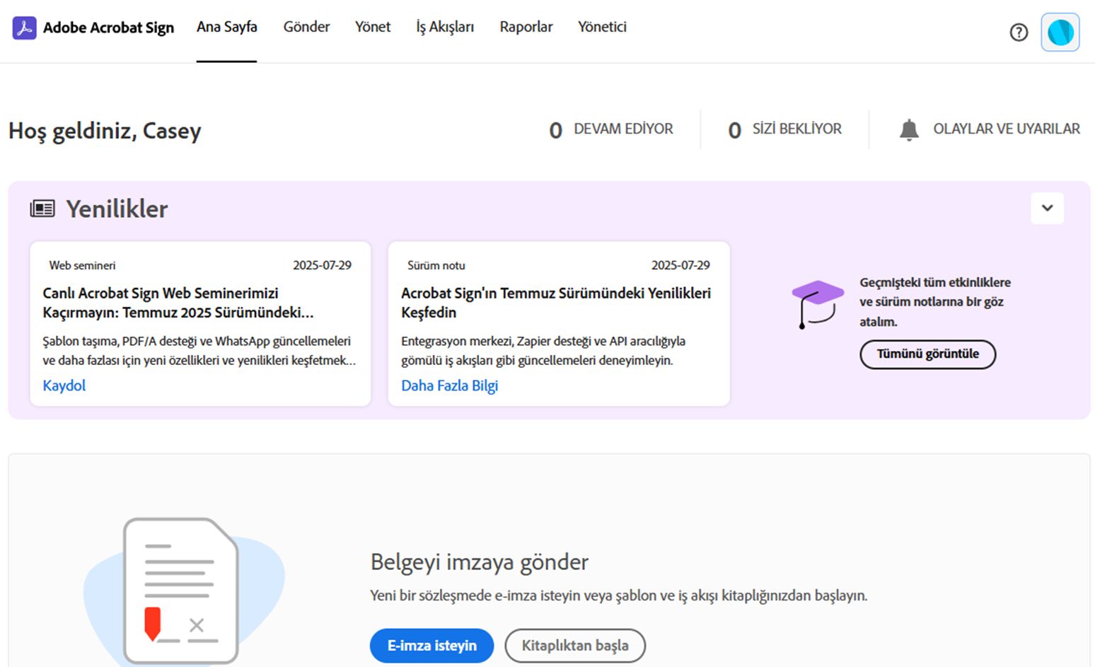 &quot;Yenilikler&quot; afişinin vurgulandığı Ana Sayfa.