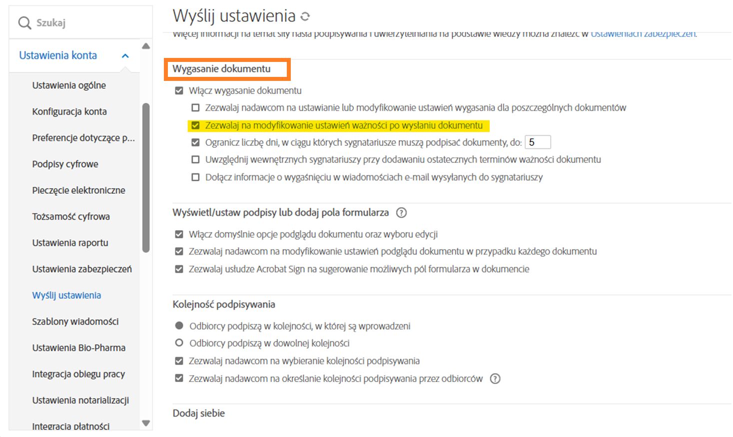 Elementy sterujące wygaśnięciem dokumentu na stronie Ustawienia wysyłania z podświetloną opcją „Włącz wygasanie dokumentu”.