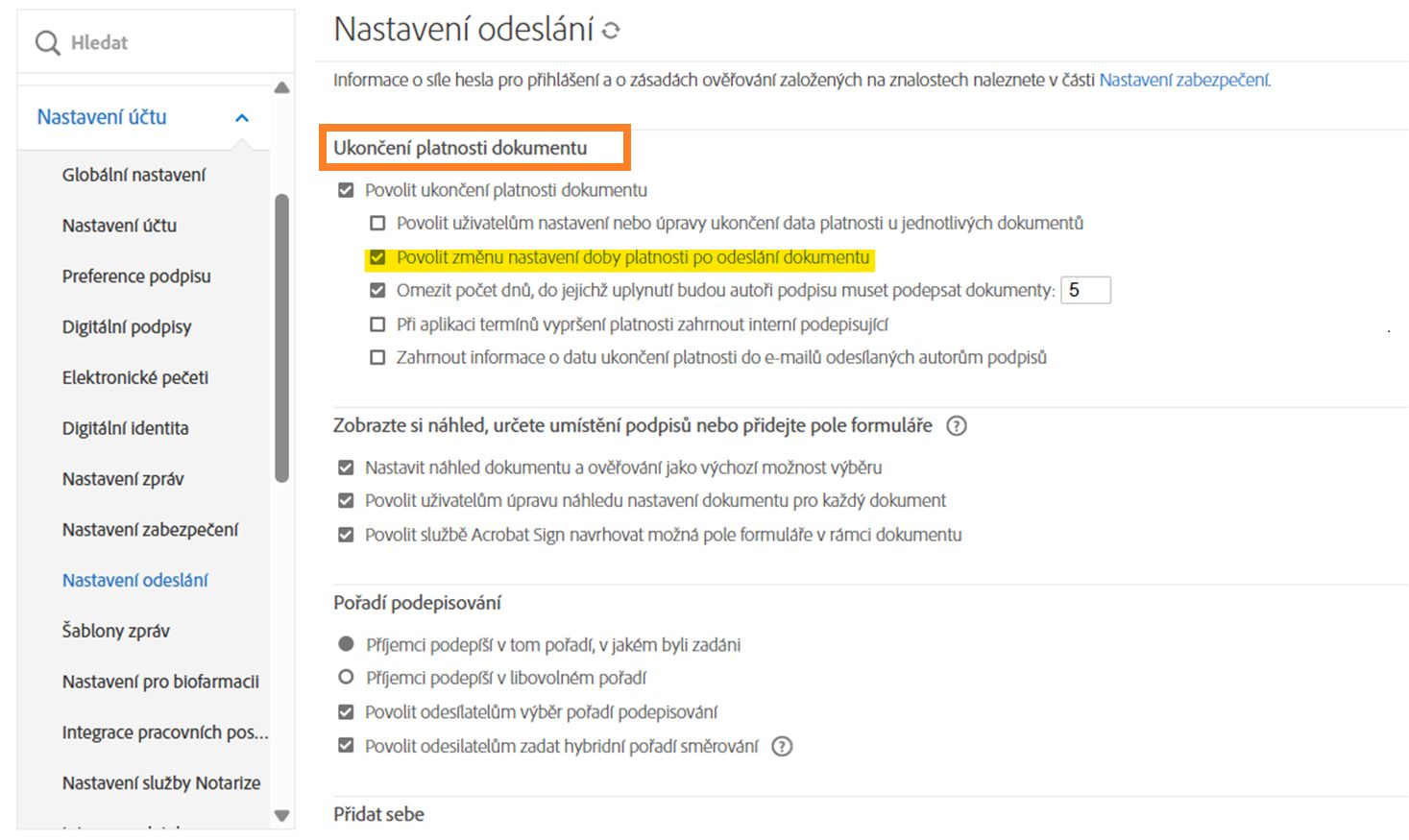 Ovládací prvky Ukončení platnosti dokumentu na stránce Nastavení odeslání se zvýrazněnou možností „Povolit ukončení platnosti dokumentu“.