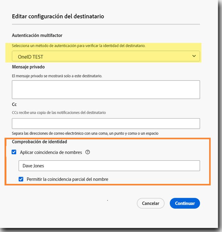 Vista de los remitentes de la configuración del destinatario cuando se permite una coincidencia parcial de nombre